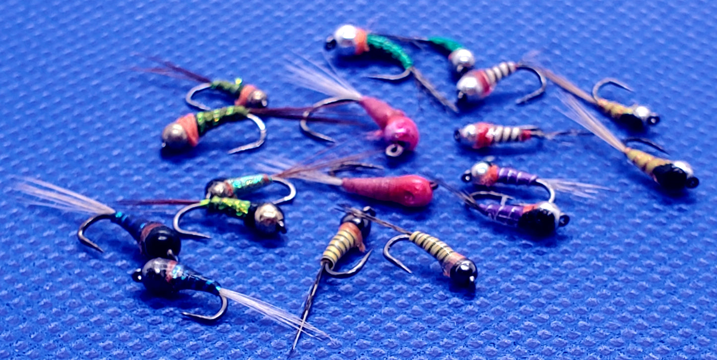18 Perdigon Nymph Selection, 18 Tungsten Bead Head Perdigon Nymphs