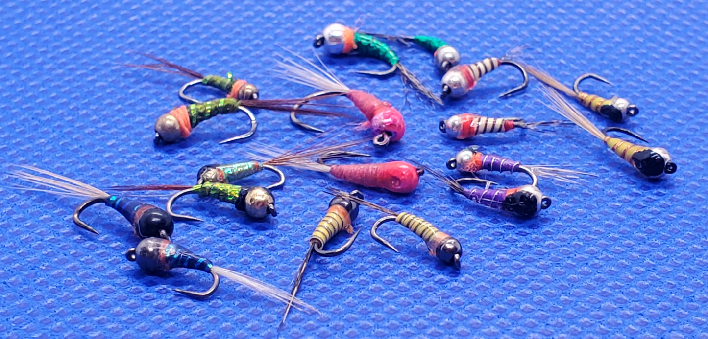 18 Perdigon Nymph Selection, 18 Tungsten Bead Head Perdigon Nymphs