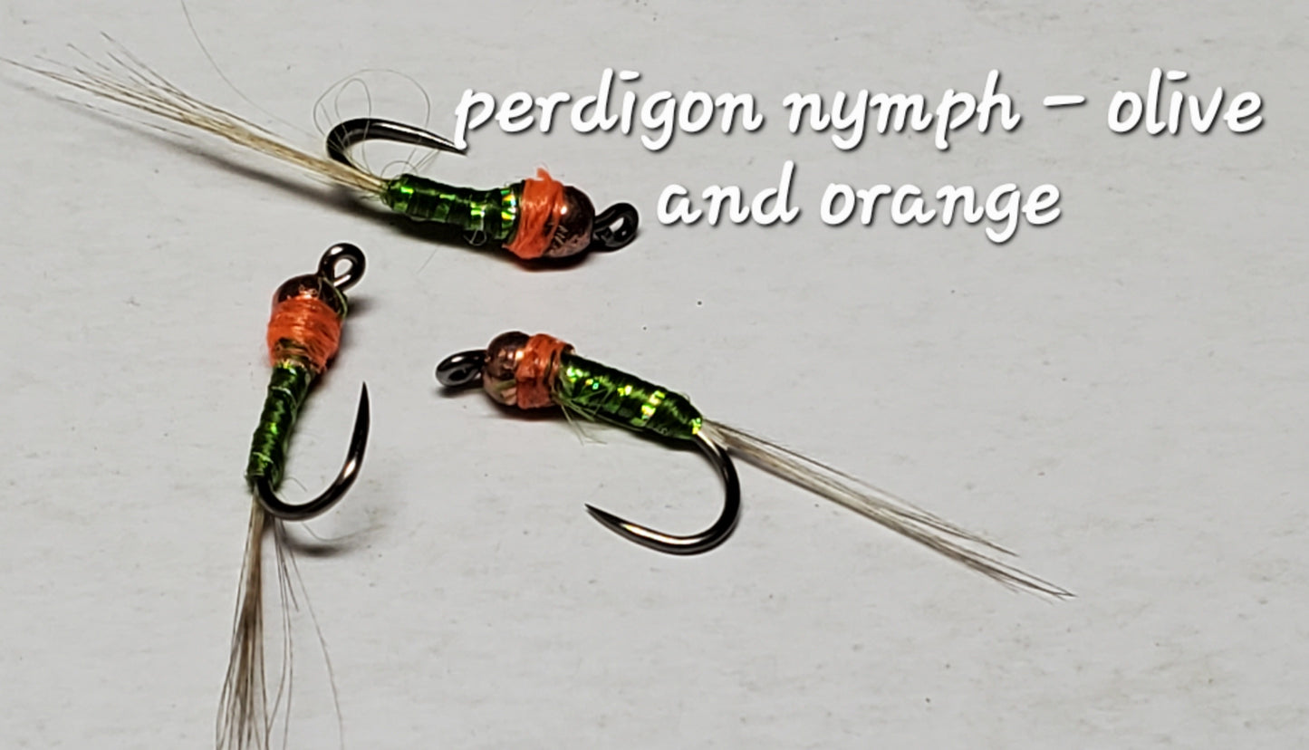 Perdigon Nymph, Tungsten Perdigon Nymph, Perdigon Nymph Olive Hot Spot