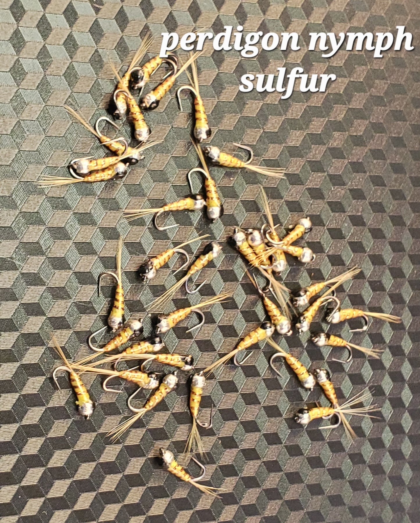 Tungsten Perdigon Nymph in Sulfur color. Size #16 and #18
