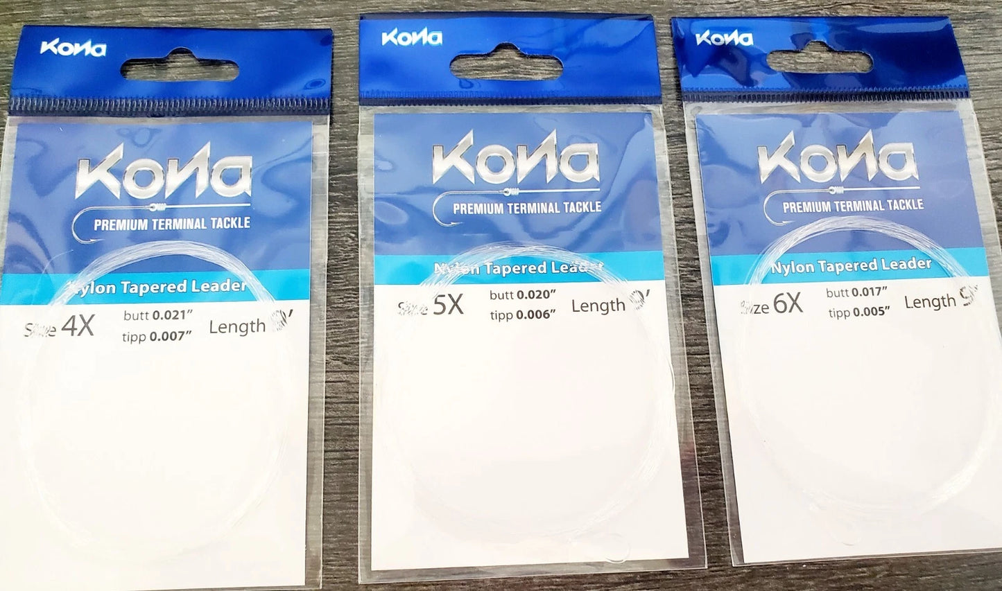 KONA Nylon Tapered Trout Leader - 9' Fly Fishing Leader 3 sizes available - 4X, 5X, 6X