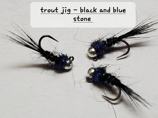 Trout Jig, Tungsten Bead Head Trout Jig, Trout Jig Nymph, Bead Head Nymph, Trout Jig Black and Blue Stonefly